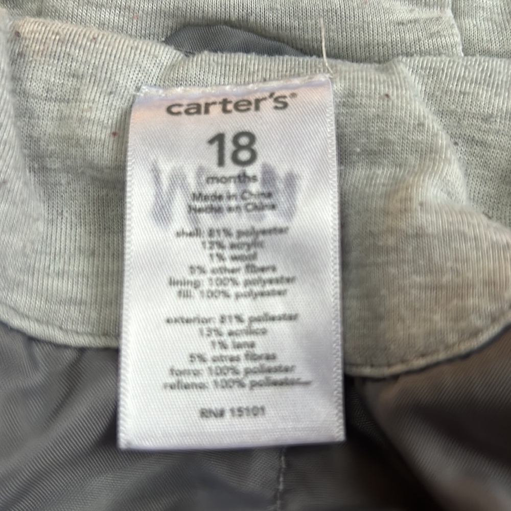 Carter’s gray hooded coat. Zips and buttons, size 18 months. - Picture 9 of 9